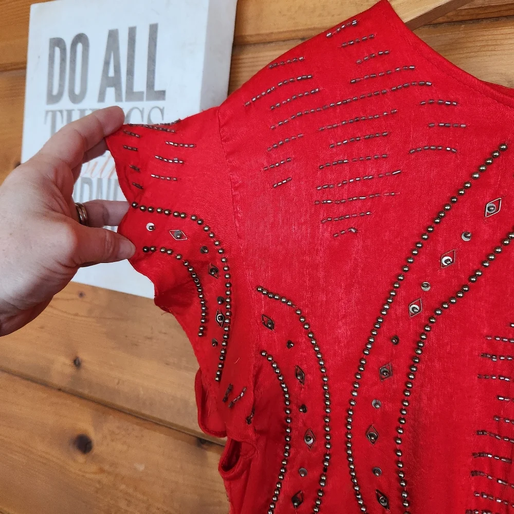 Free people Shine Like the Stars Red Mini Dress Satin Beaded Embellished Size XS